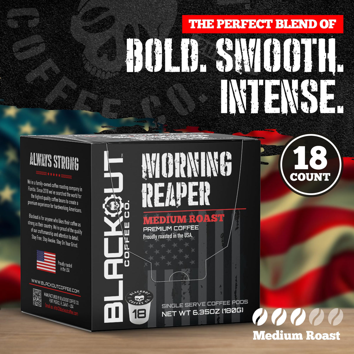 Blackout Coffee Morning Reaper Pods – Medium Roast, Bold & Smooth Aroma, 18 Count