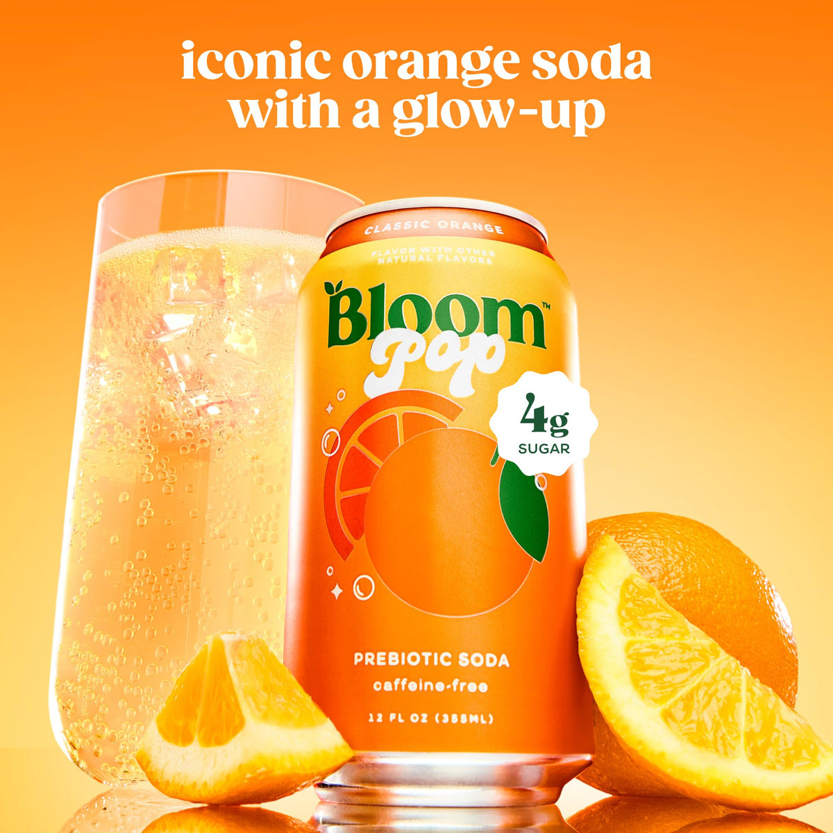Bloom Pop Prebiotic Soda 12 Pack – Classic Orange, 12oz Cans | Low-Calorie, Caffeine-Free Soft Drink Alternative