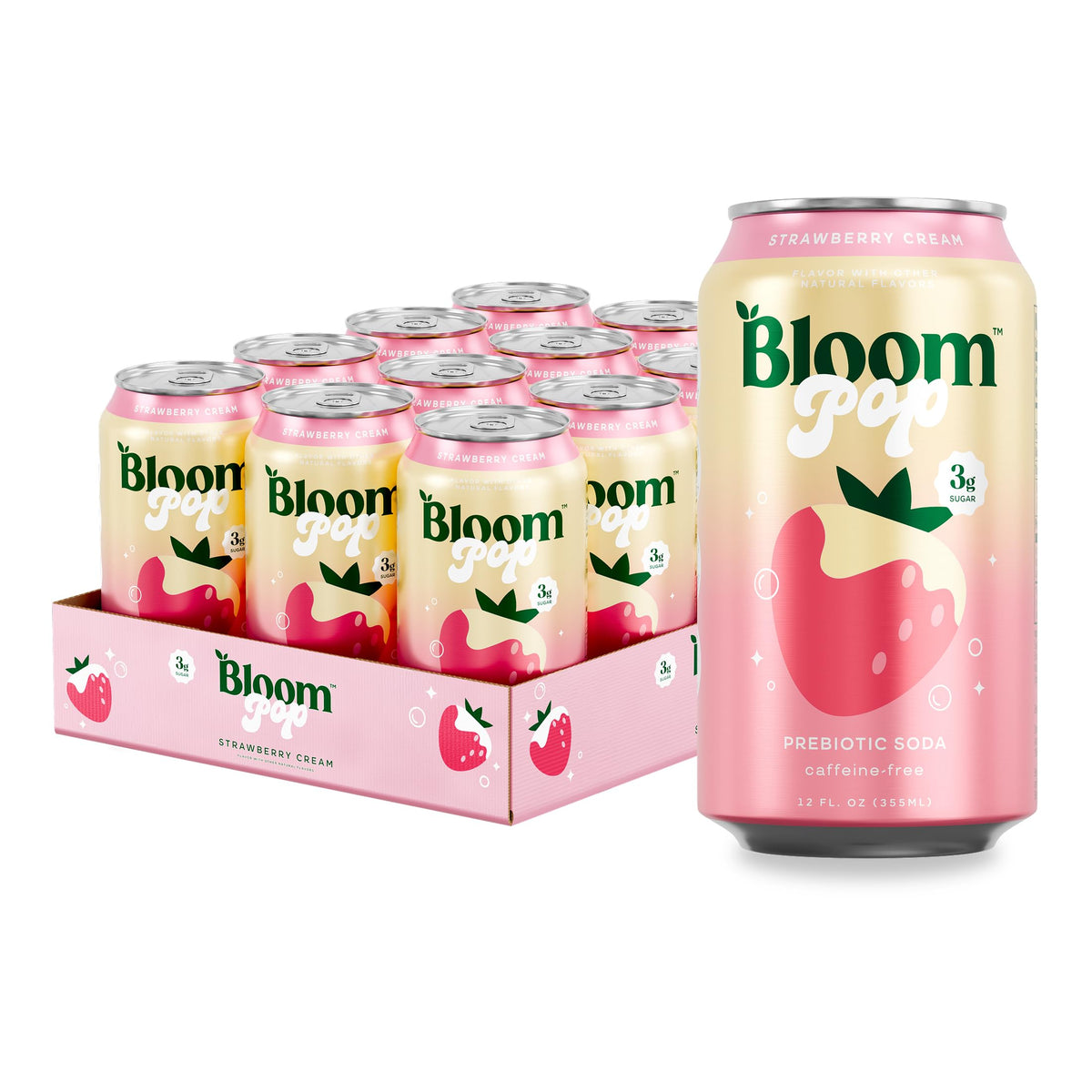 Bloom Pop Prebiotic Soda – Strawberry Cream, 12 Pack | Caffeine-Free, Low-Calorie Soft Drink by Bloom Nutrition