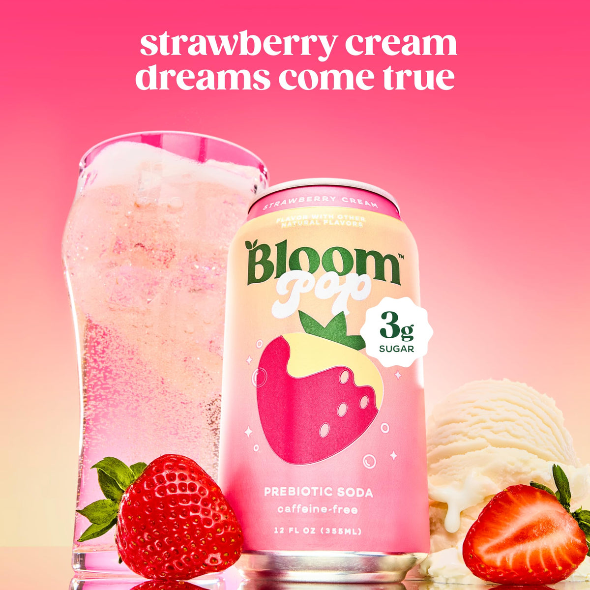 Bloom Pop Prebiotic Soda – Strawberry Cream, 12 Pack | Caffeine-Free, Low-Calorie Soft Drink by Bloom Nutrition