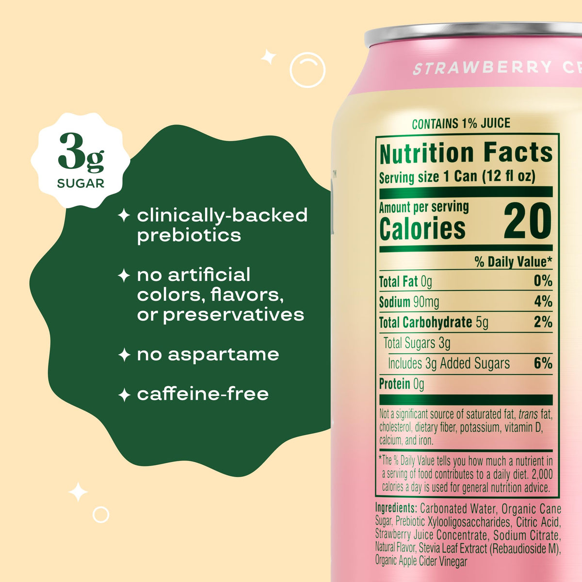 Bloom Pop Prebiotic Soda – Strawberry Cream, 12 Pack | Caffeine-Free, Low-Calorie Soft Drink by Bloom Nutrition