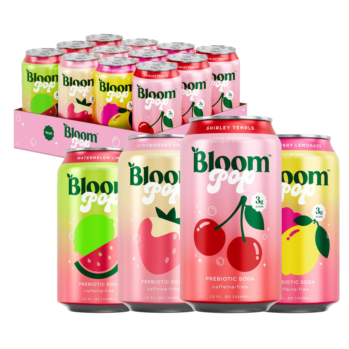 Bloom Pop Prebiotic Soda 12 Pack – 12oz Cans, Low Calorie, Caffeine-Free