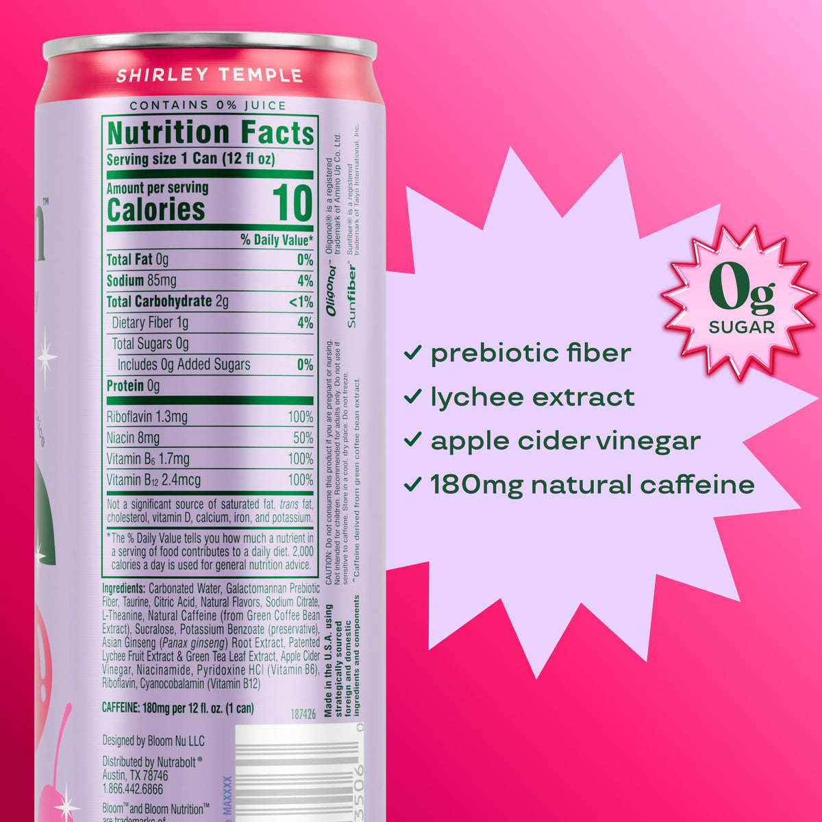 Bloom Nutrition Sparkling Energy Drink - Shirley Temple, 180mg Natural Caffeine, Zero Sugar, 12-Pack