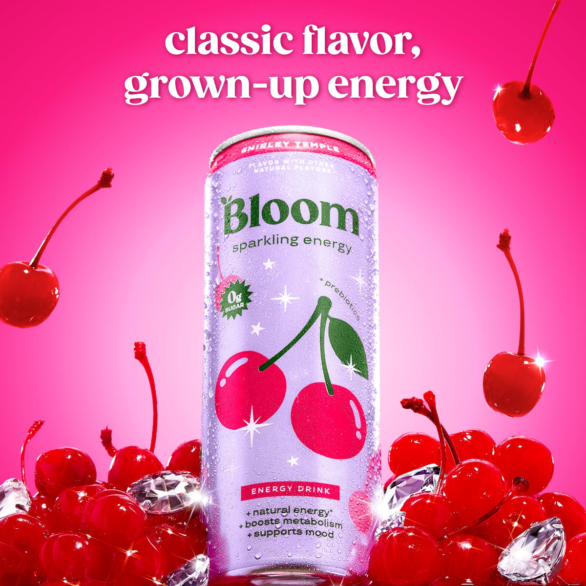 Bloom Nutrition Sparkling Energy Drink - Shirley Temple, 180mg Natural Caffeine, Zero Sugar, 12-Pack