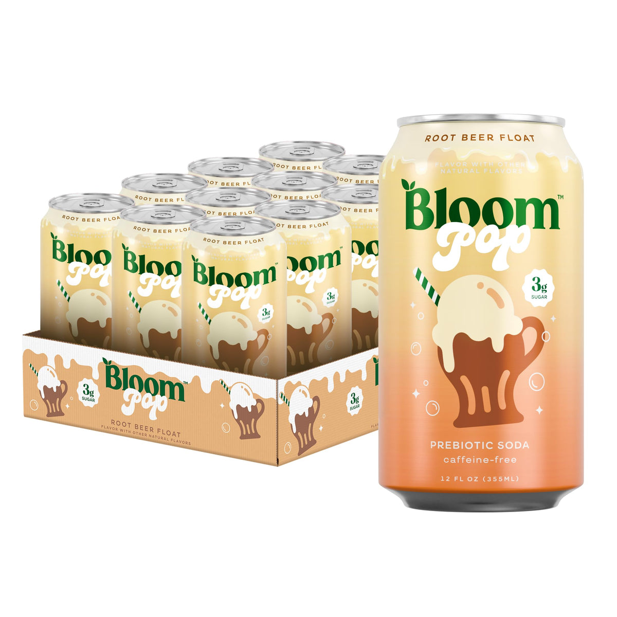 Bloom Pop Prebiotic Soda 12 Pack – Root Beer Float Flavor | Low-Calorie, Caffeine-Free