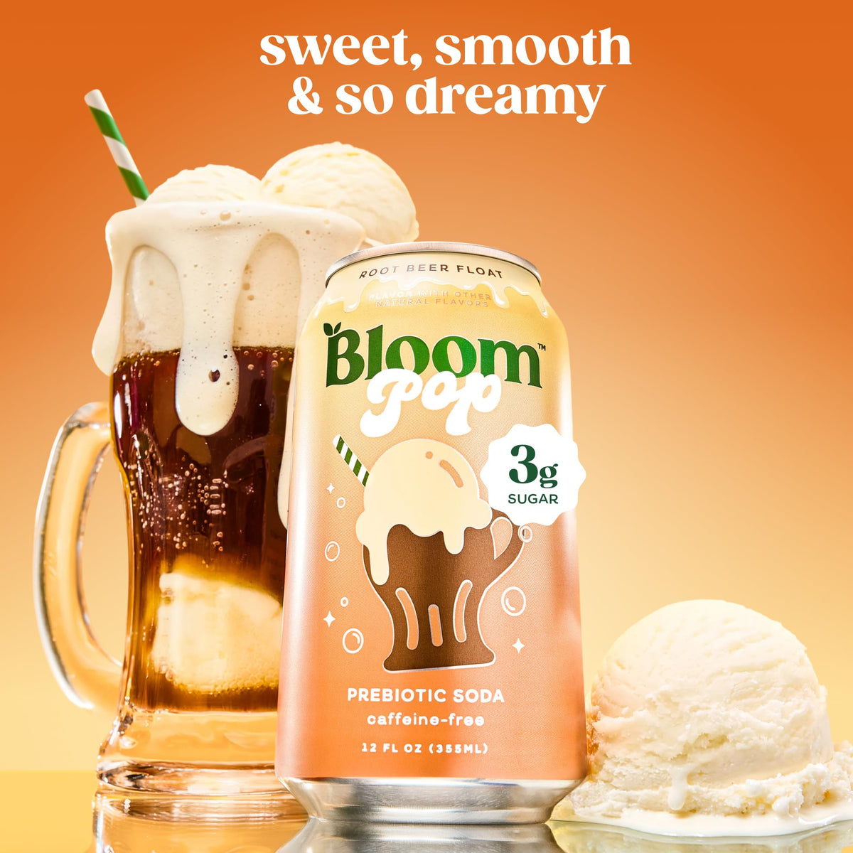 Bloom Pop Prebiotic Soda 12 Pack – Root Beer Float Flavor | Low-Calorie, Caffeine-Free