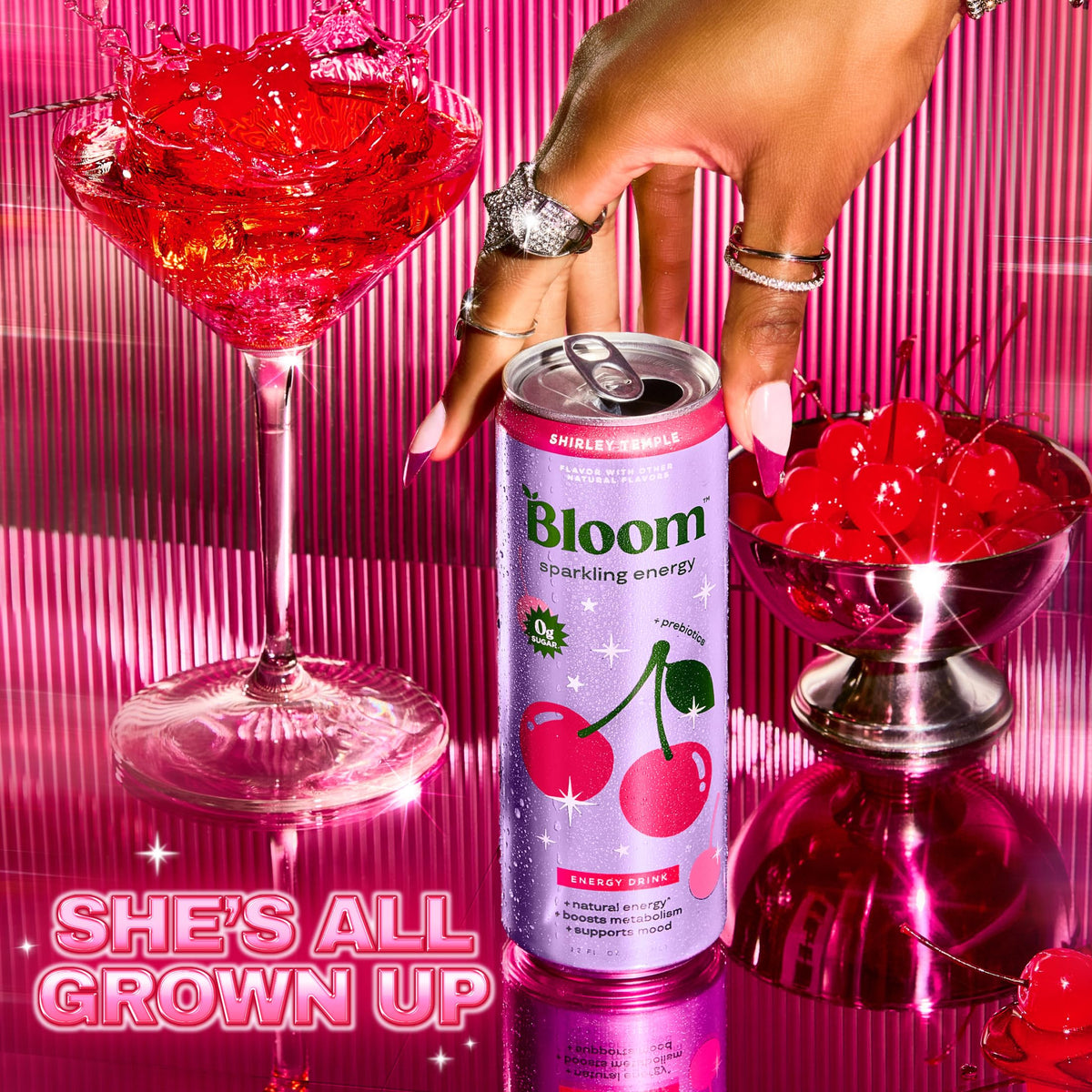 Bloom Nutrition Sparkling Energy Drink - Shirley Temple, 180mg Natural Caffeine, Zero Sugar, 12-Pack