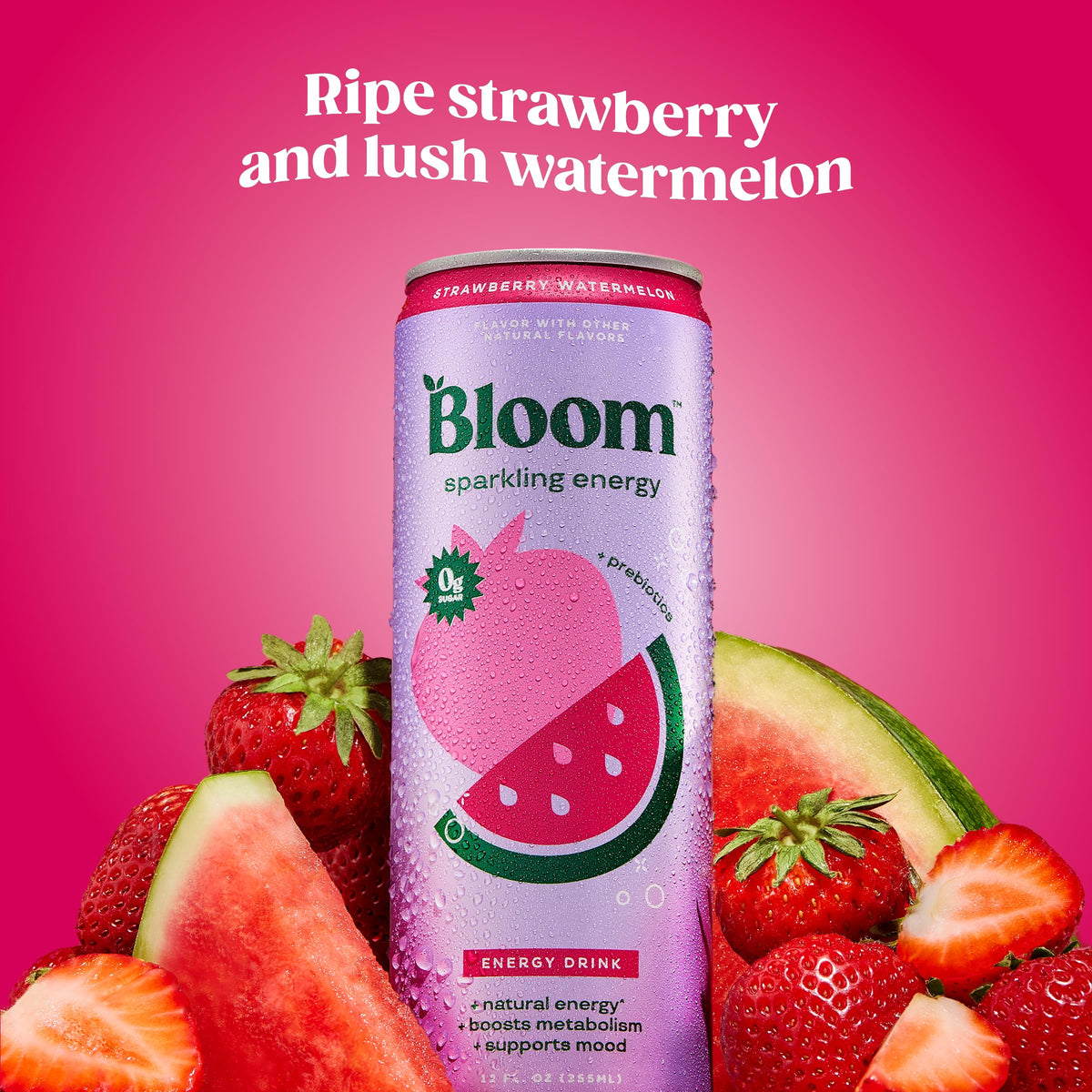 Bloom Nutrition Sparkling Energy Drink – Strawberry Watermelon, 180mg Natural Caffeine, Zero Sugar | 12oz 12 Pack