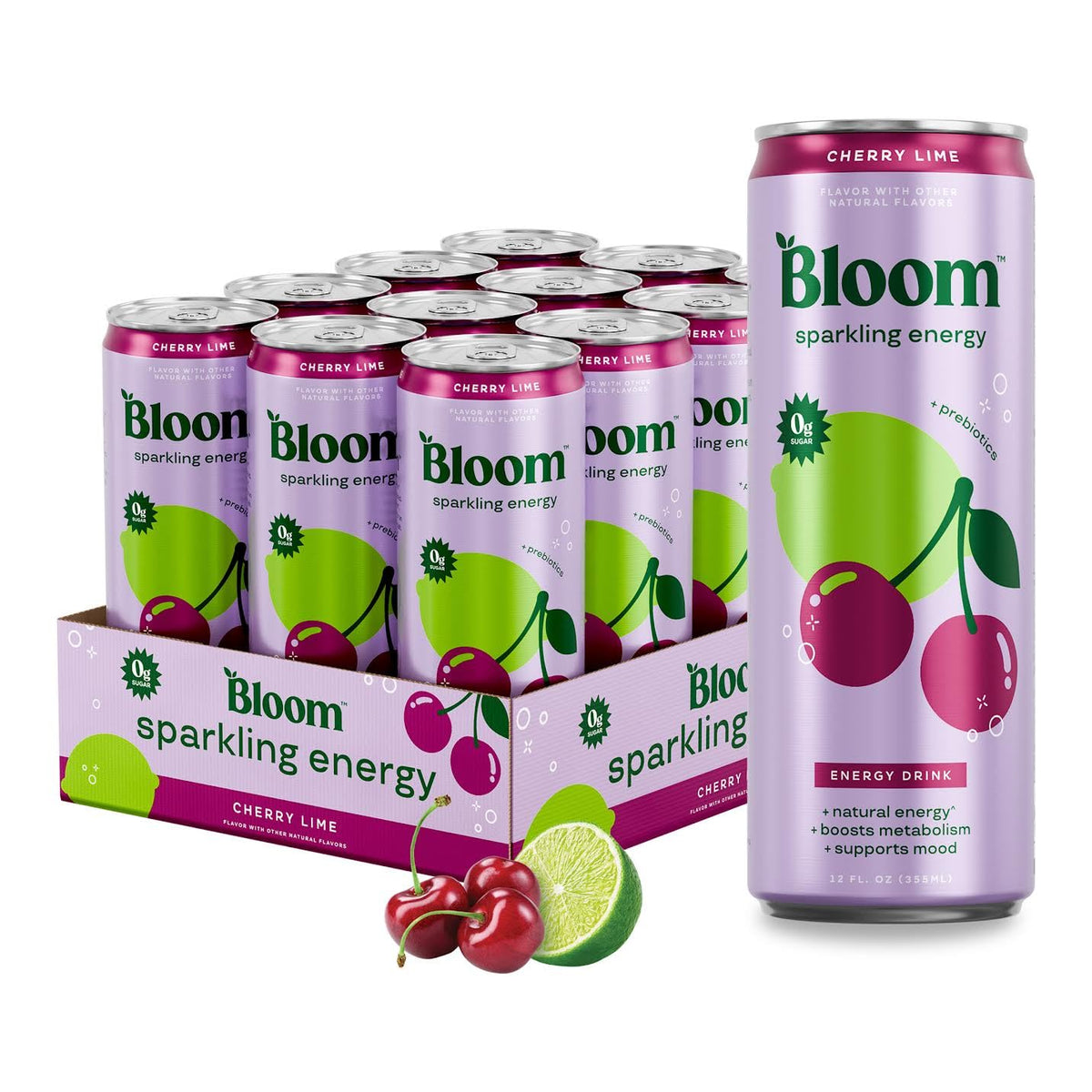 Bloom Nutrition Sparkling Energy Cherry Lime — 180mg Caffeine, Zero Sugar, 12oz Can