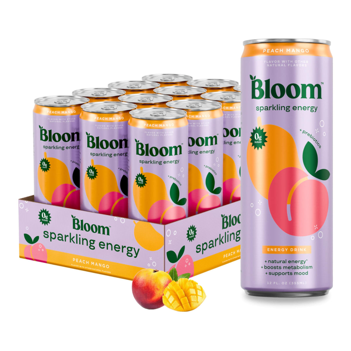 Bloom Nutrition Sparkling Energy Drink — Zero Sugar, 180mg Natural Caffeine, 12oz Can (12 Pack)