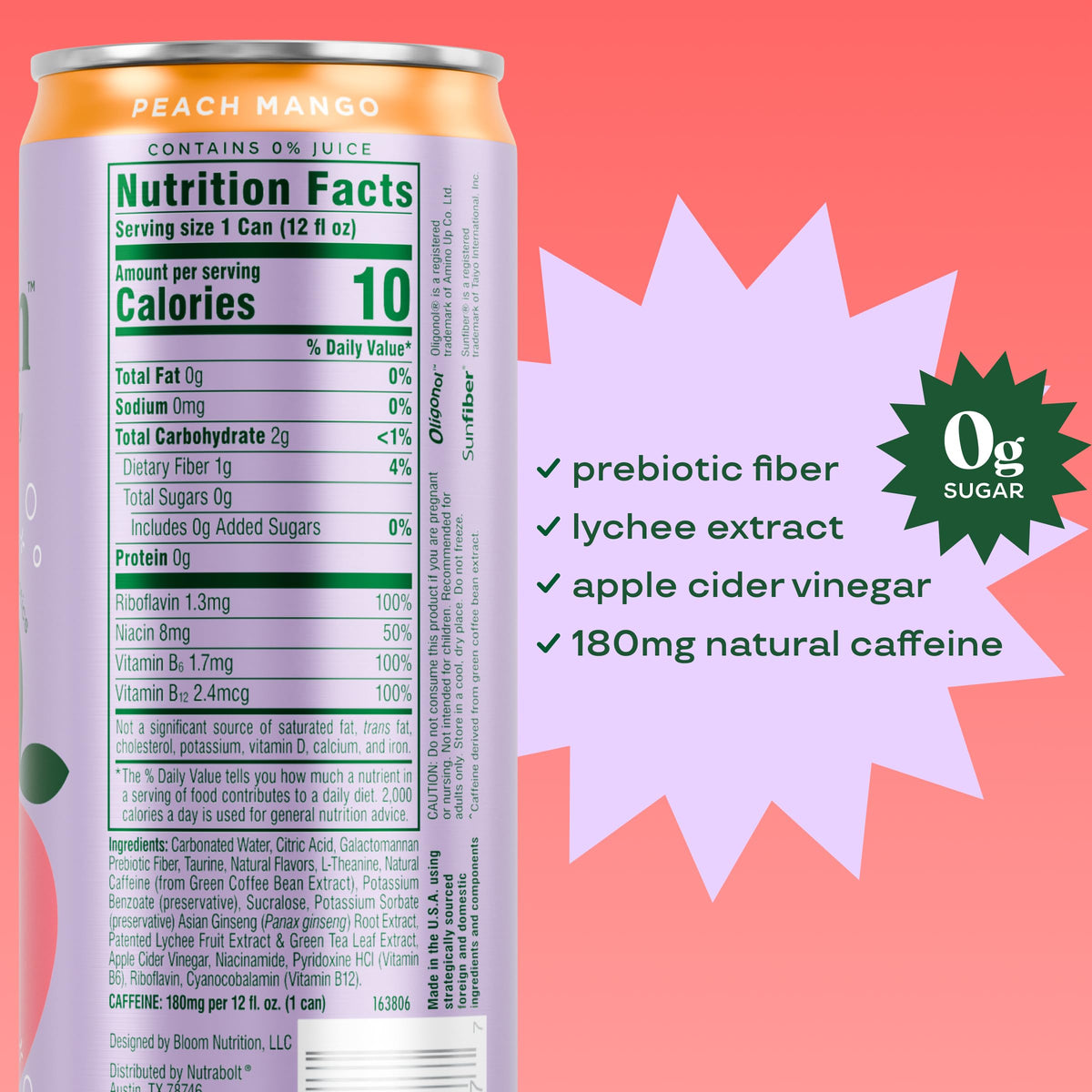 Bloom Nutrition Sparkling Energy Drink — Zero Sugar, 180mg Natural Caffeine, 12oz Can (12 Pack)