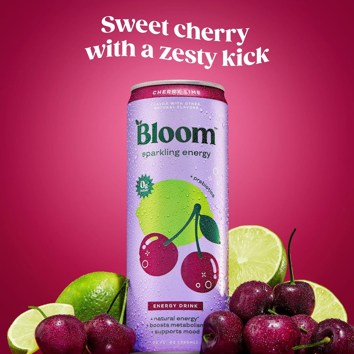 Bloom Nutrition Sparkling Energy Cherry Lime — 180mg Caffeine, Zero Sugar, 12oz Can