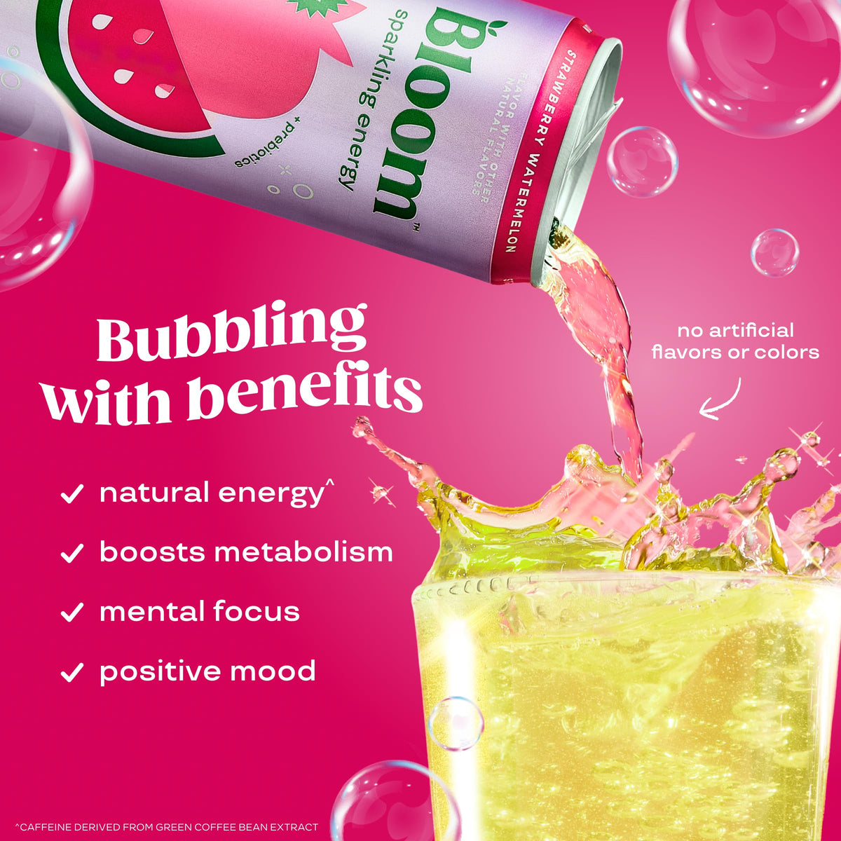 Bloom Nutrition Sparkling Energy Drink – Strawberry Watermelon, 180mg Natural Caffeine, Zero Sugar | 12oz 12 Pack