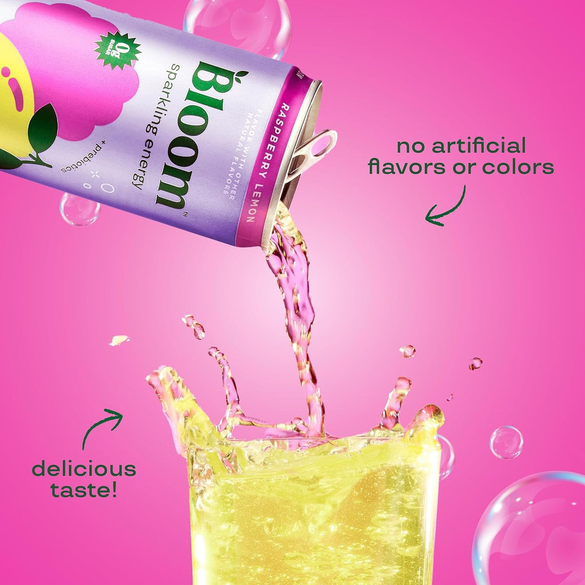 Bloom Nutrition Sparkling Energy — Raspberry Lemon, 180mg Natural Caffeine, Zero Sugar, Prebiotics, 12oz 12 Pack