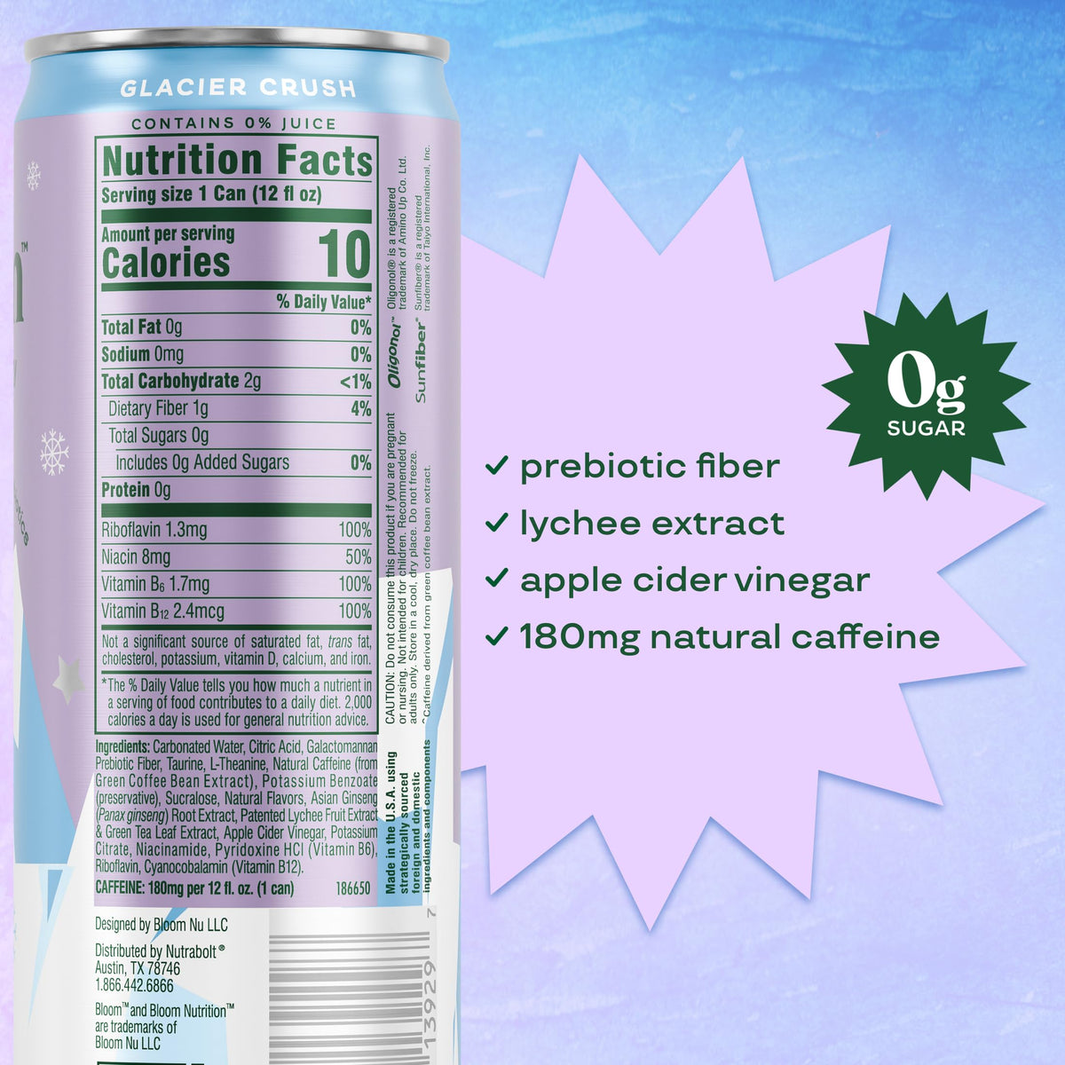 Bloom Nutrition Sparkling Energy Glacier Crush — Zero Sugar, 180mg Natural Caffeine