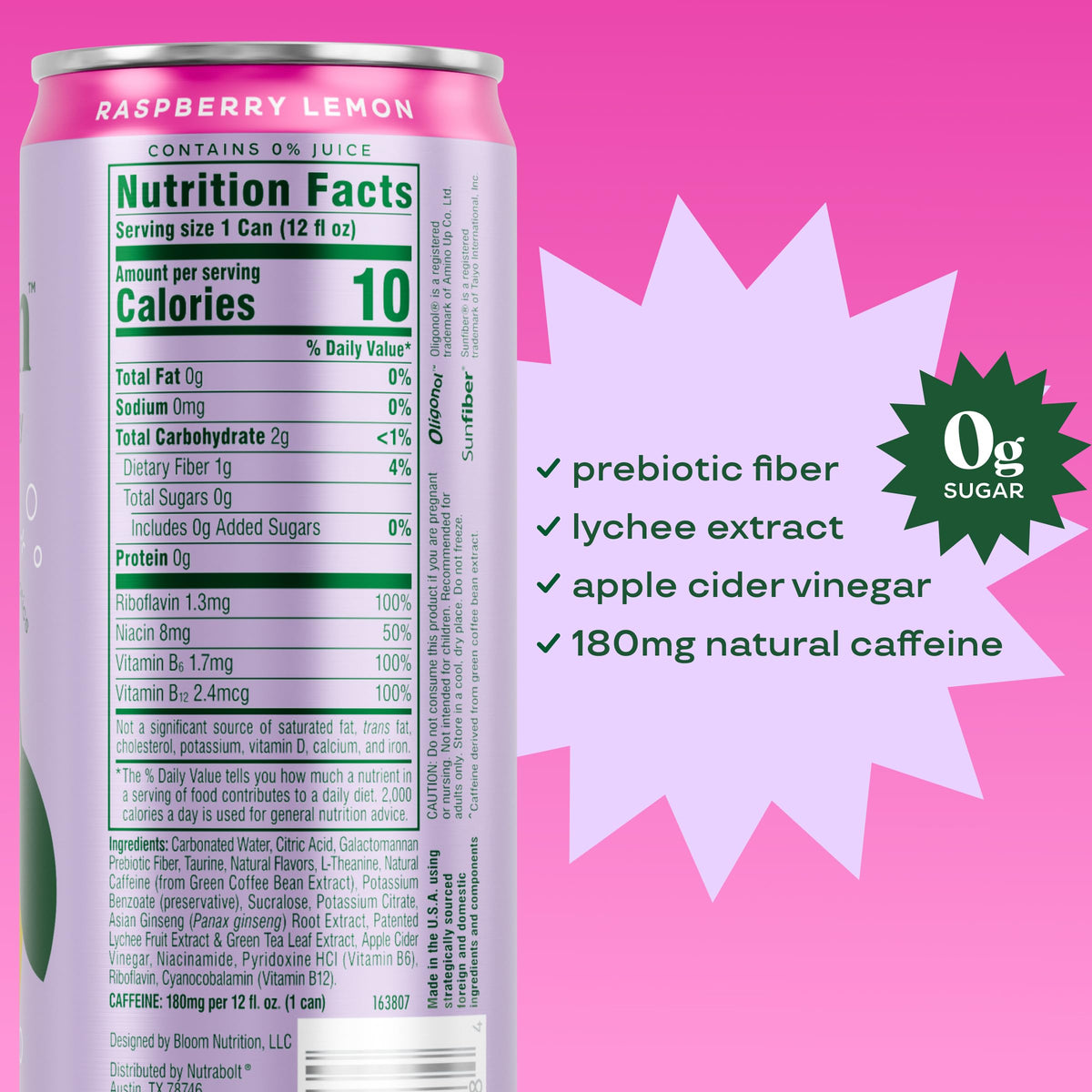 Bloom Nutrition Sparkling Energy — Raspberry Lemon, 180mg Natural Caffeine, Zero Sugar, Prebiotics, 12oz 12 Pack
