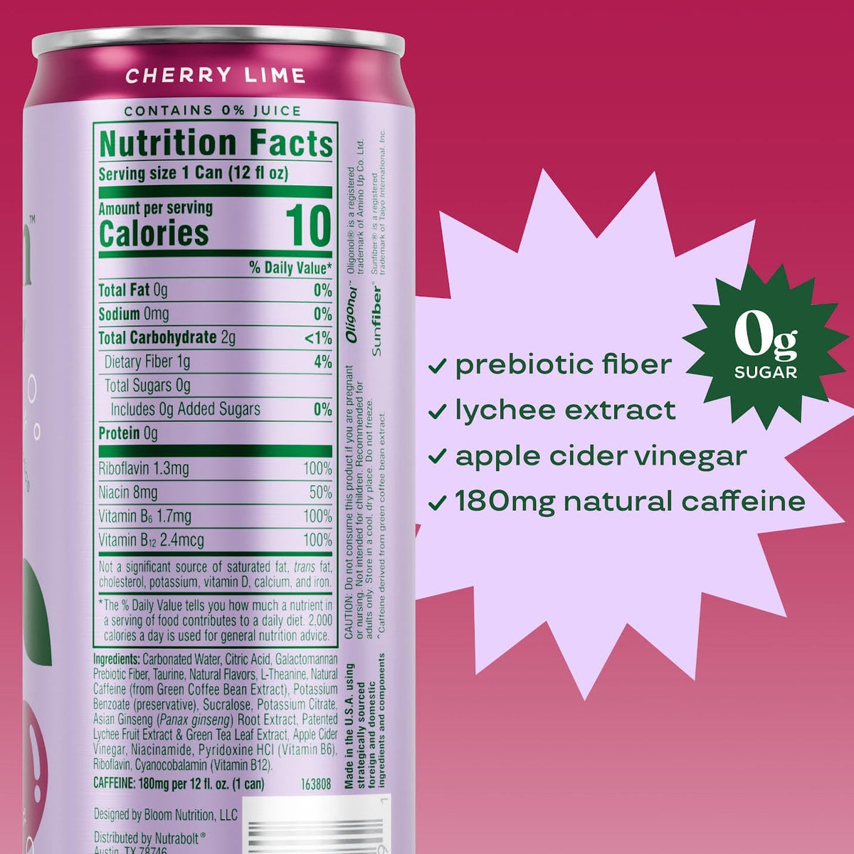 Bloom Nutrition Sparkling Energy Cherry Lime — 180mg Caffeine, Zero Sugar, 12oz Can
