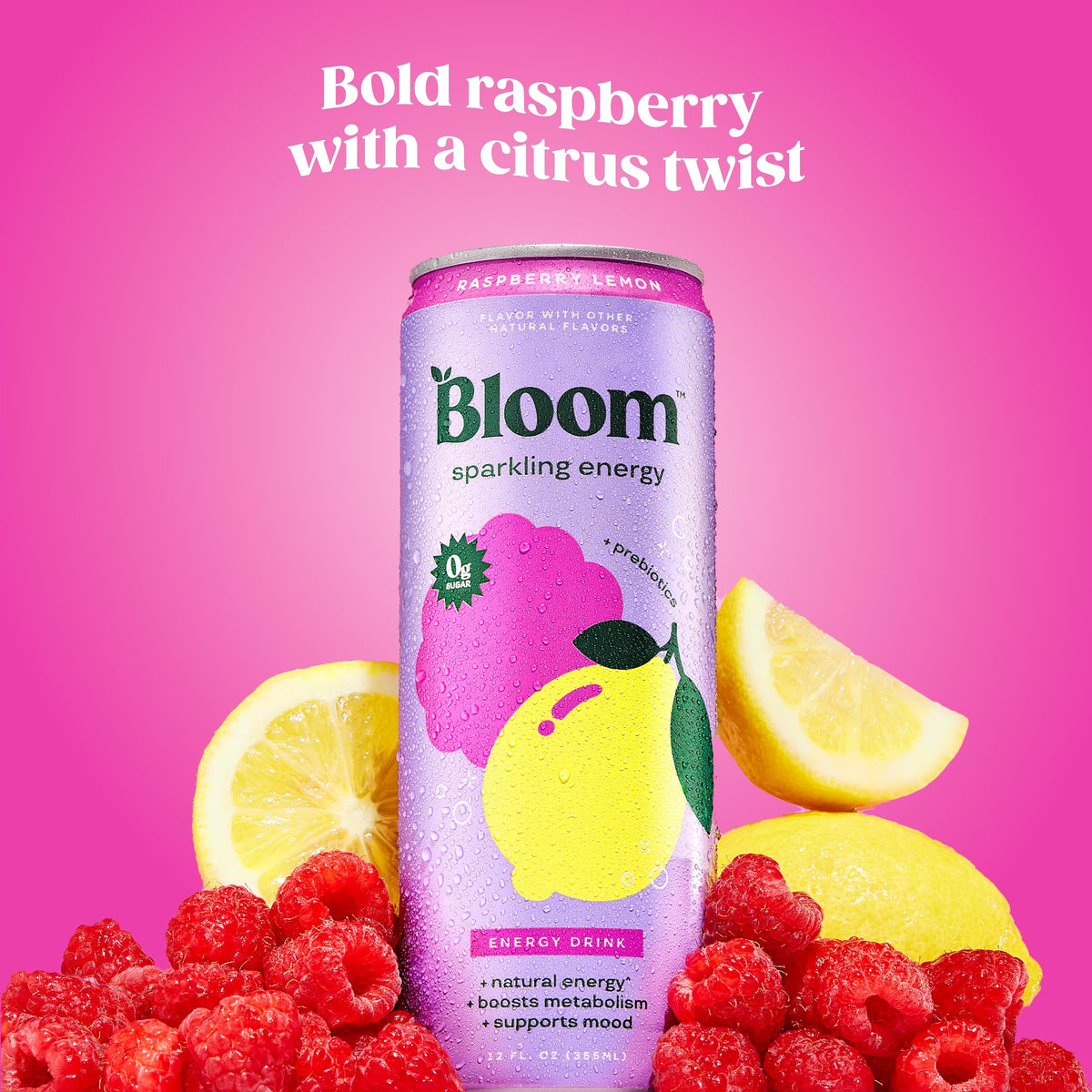 Bloom Nutrition Sparkling Energy — Raspberry Lemon, 180mg Natural Caffeine, Zero Sugar, Prebiotics, 12oz 12 Pack