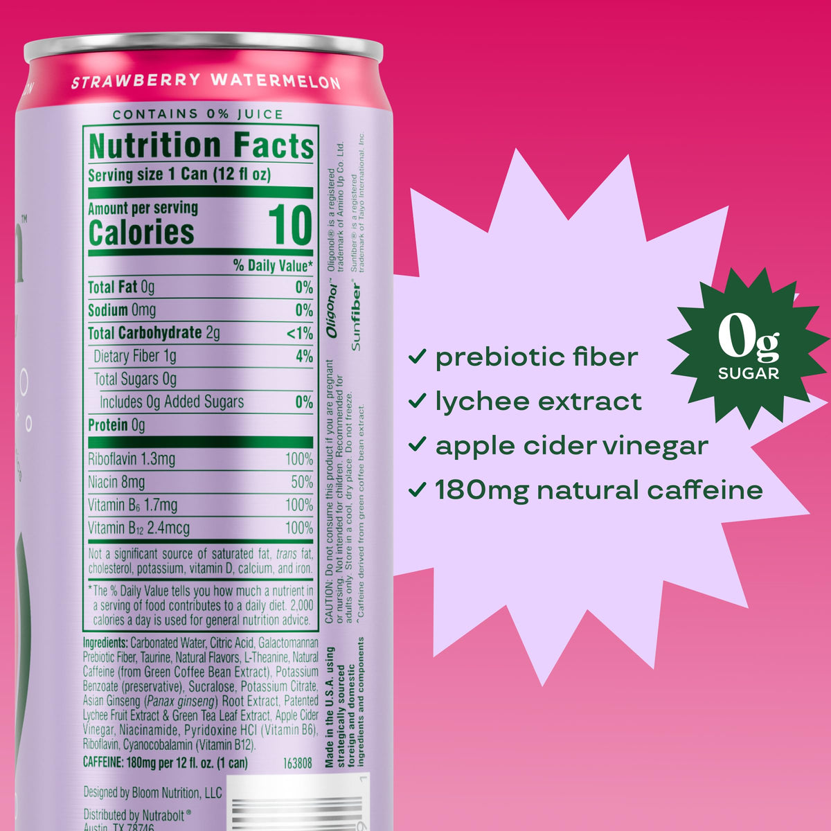 Bloom Nutrition Sparkling Energy Drink – Strawberry Watermelon, 180mg Natural Caffeine, Zero Sugar | 12oz 12 Pack