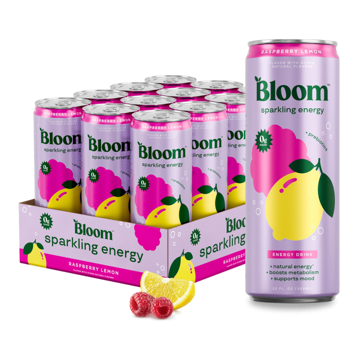 Bloom Nutrition Sparkling Energy — Raspberry Lemon, 180mg Natural Caffeine, Zero Sugar, Prebiotics, 12oz 12 Pack