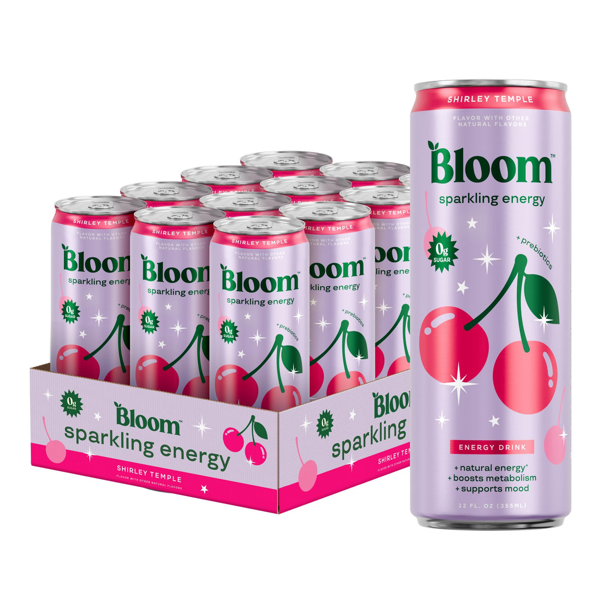 Bloom Nutrition Sparkling Energy Drink - Shirley Temple, 180mg Natural Caffeine, Zero Sugar, 12-Pack