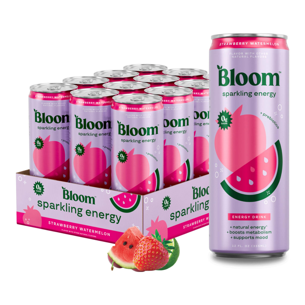 Bloom Nutrition Sparkling Energy Drink – Strawberry Watermelon, 180mg Natural Caffeine, Zero Sugar | 12oz 12 Pack