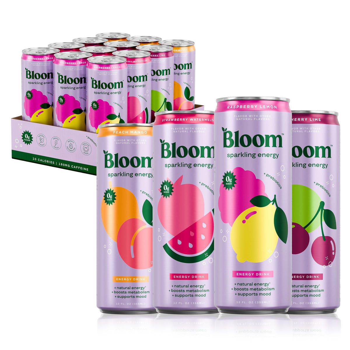 Bloom Nutrition Sparkling Energy Drink – Variety Pack | Zero Sugar, 180 mg Caffeine