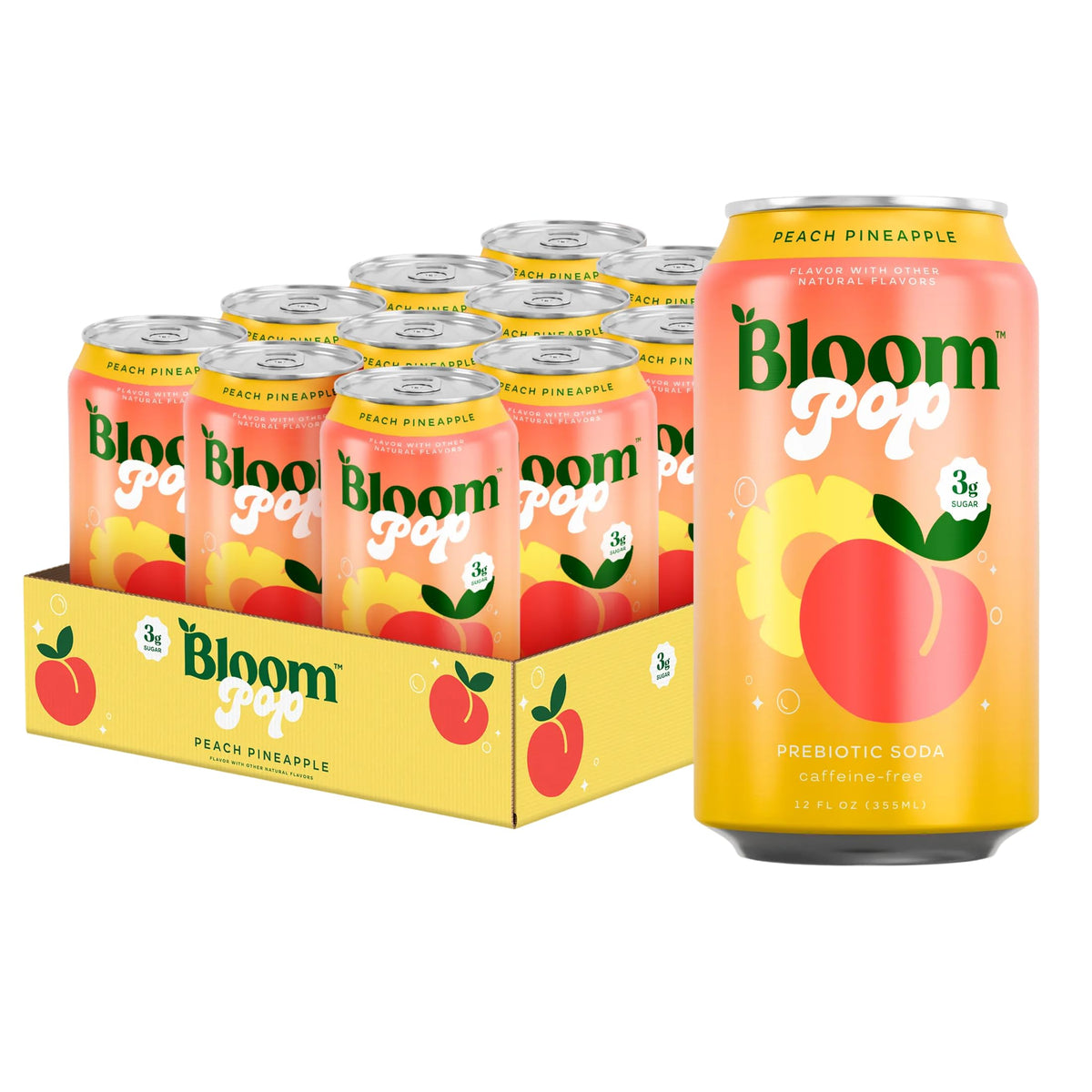 Bloom Pop Prebiotic Soda 12 Pack – Peach Pineapple | No Caffeine, Low Calorie
