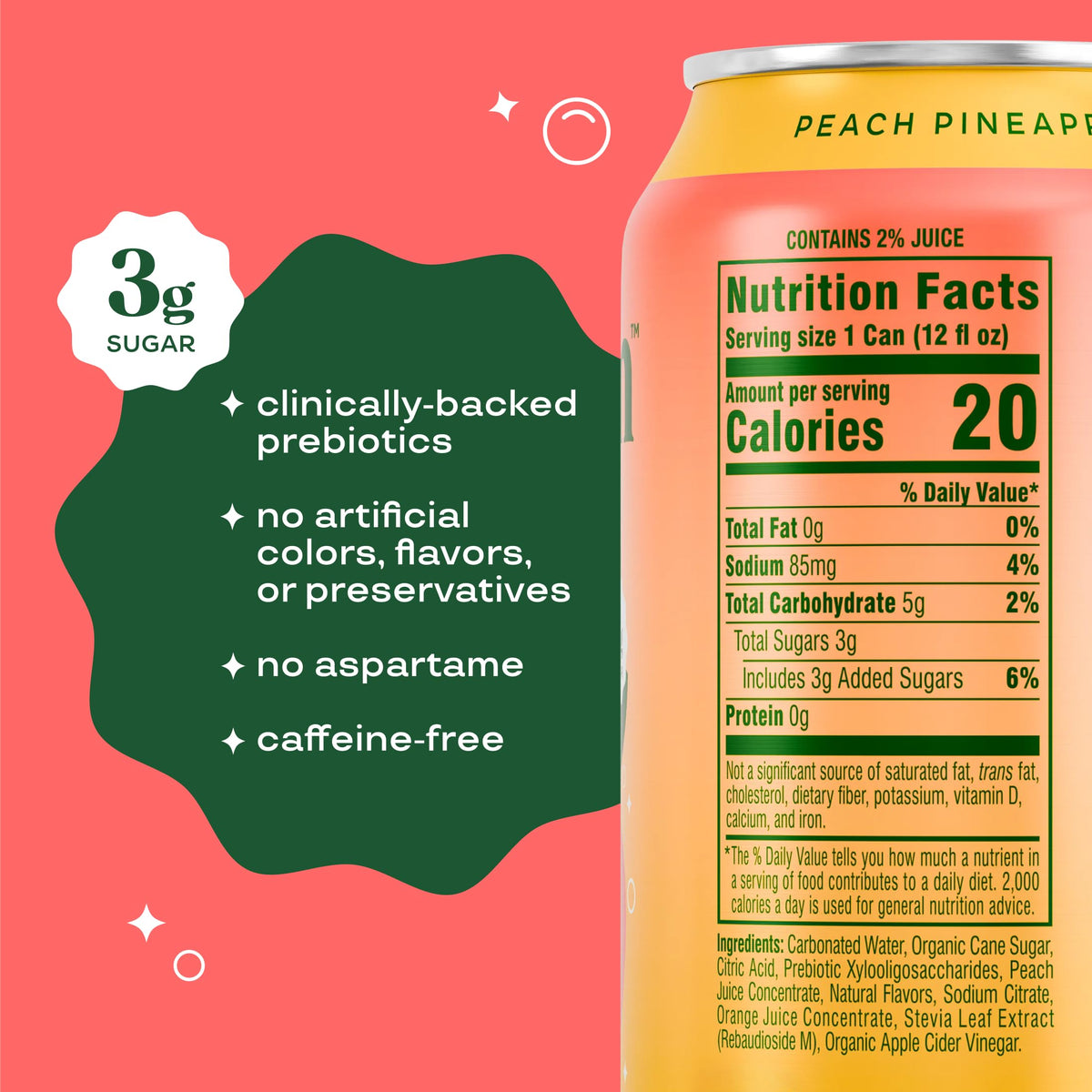 Bloom Pop Prebiotic Soda 12 Pack – Peach Pineapple | No Caffeine, Low Calorie