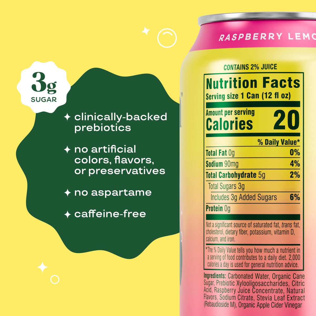 Bloom Pop Prebiotic Soda Raspberry Lemonade — 12 Pack, 12oz Cans, Low Calorie, No Caffeine