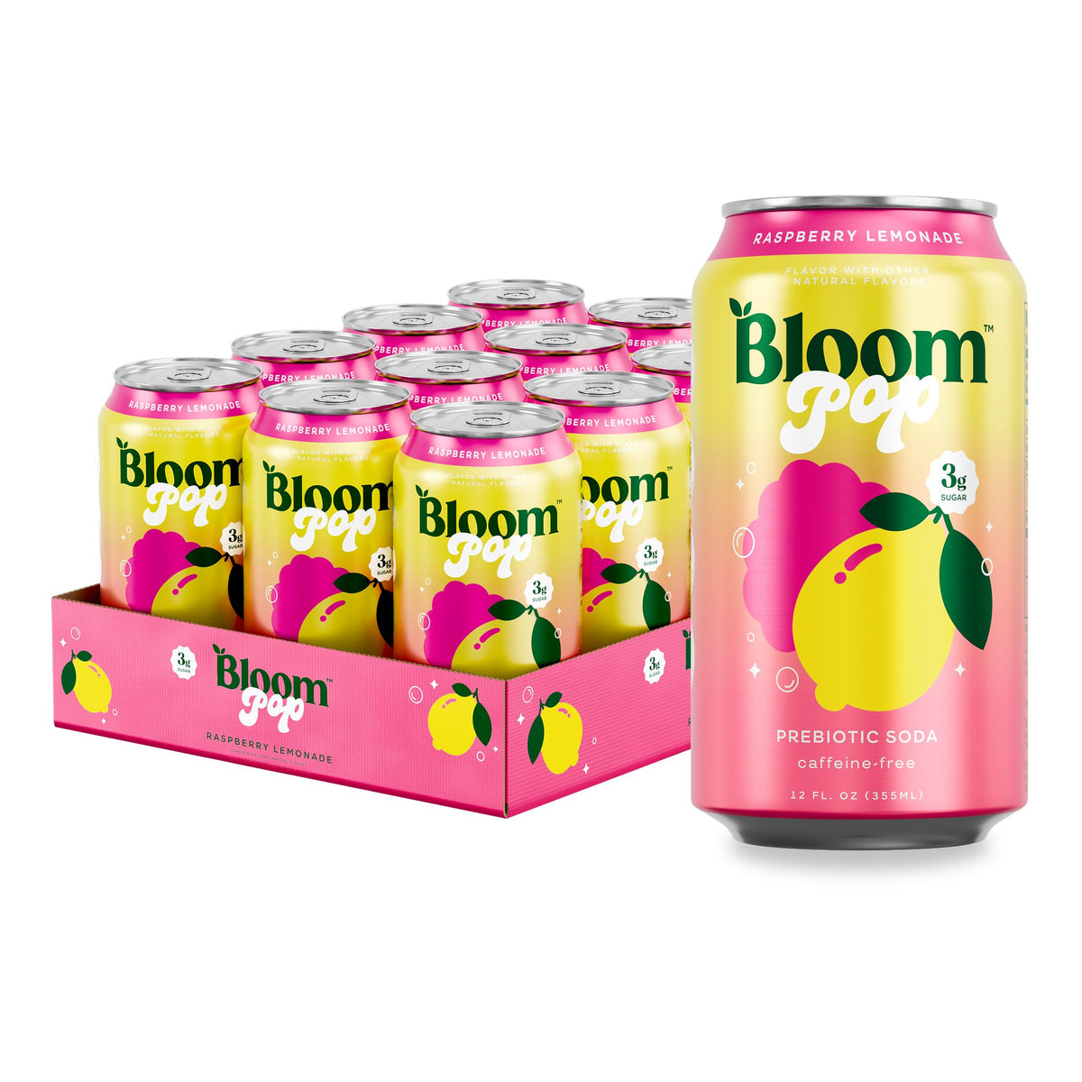 Bloom Pop Prebiotic Soda Raspberry Lemonade — 12 Pack, 12oz Cans, Low Calorie, No Caffeine