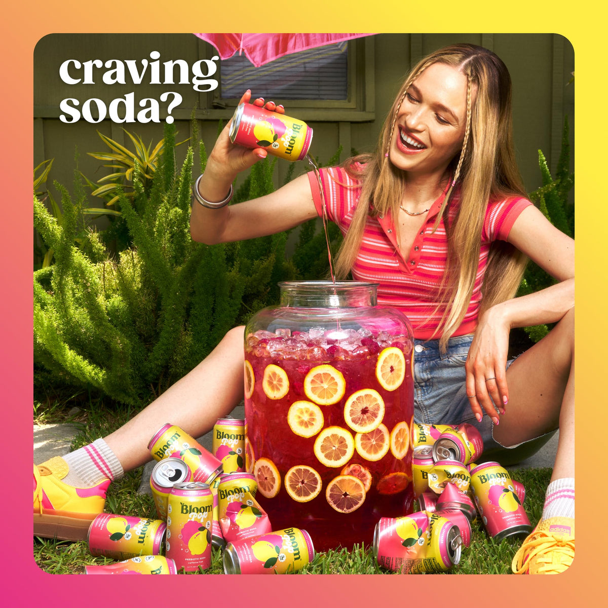 Bloom Pop Prebiotic Soda Raspberry Lemonade — 12 Pack, 12oz Cans, Low Calorie, No Caffeine