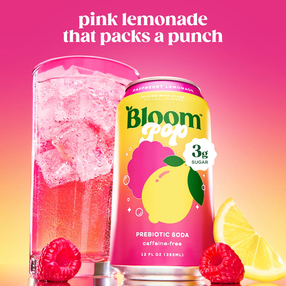 Bloom Pop Prebiotic Soda Raspberry Lemonade — 12 Pack, 12oz Cans, Low Calorie, No Caffeine