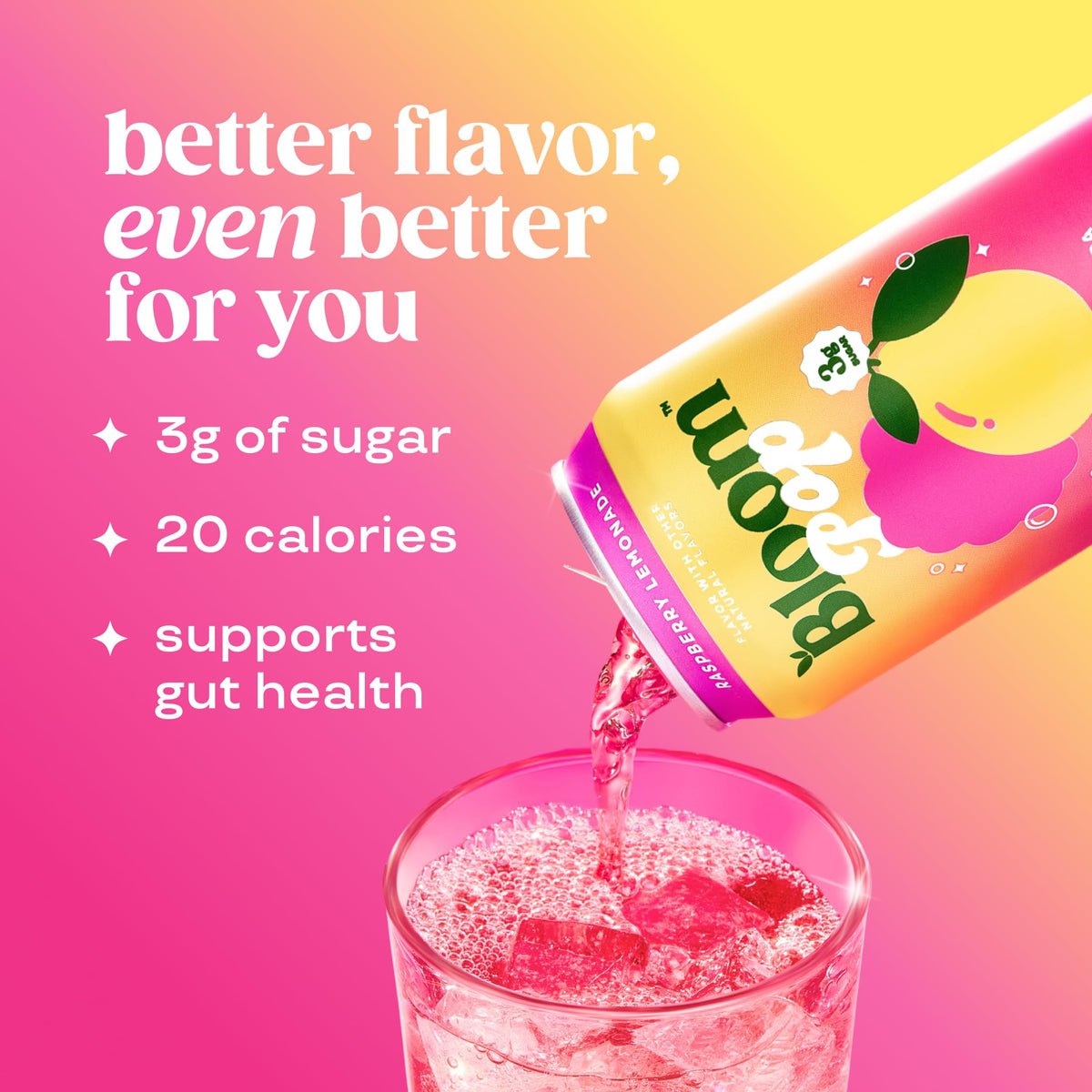 Bloom Pop Prebiotic Soda Raspberry Lemonade — 12 Pack, 12oz Cans, Low Calorie, No Caffeine