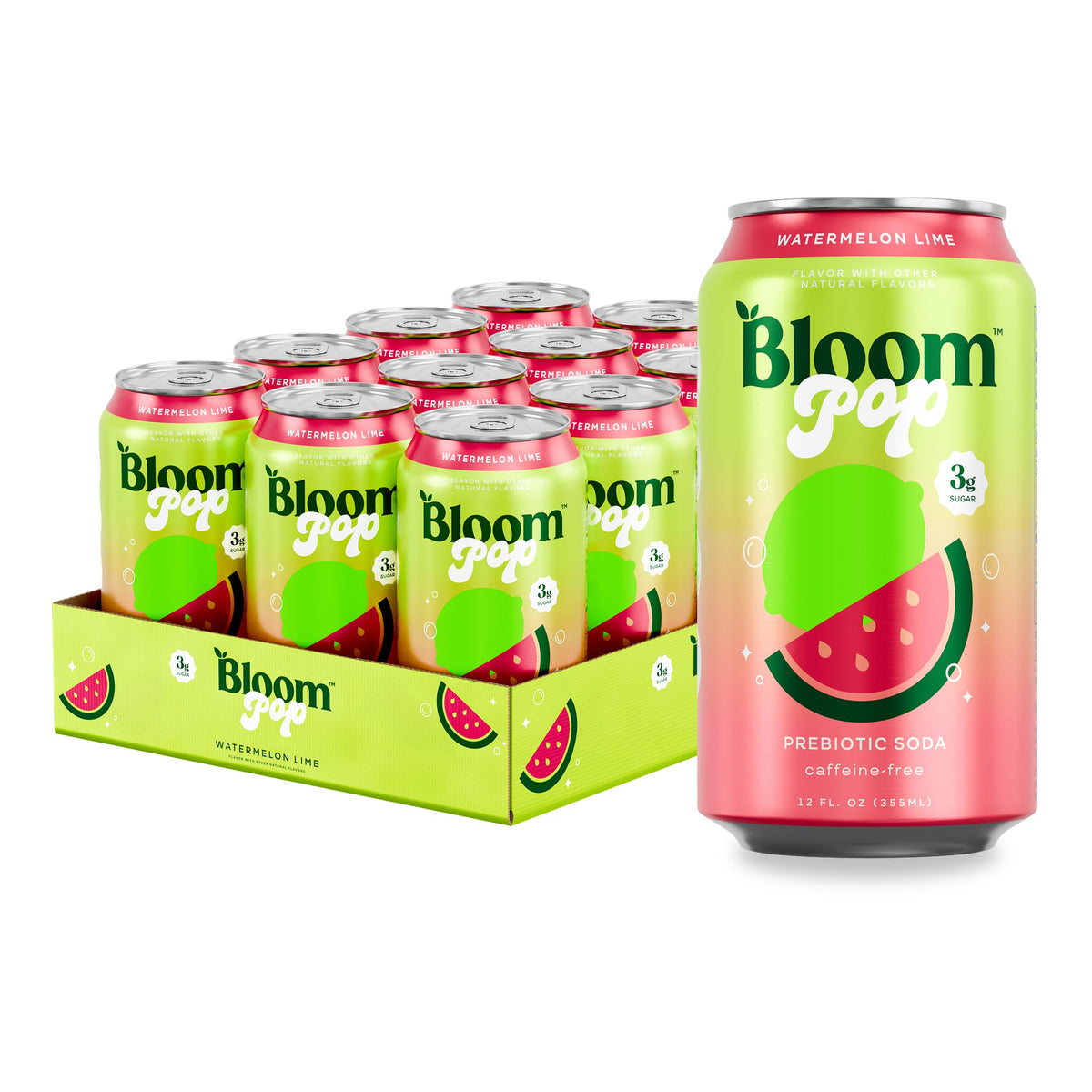 Bloom Pop Prebiotic Soda Watermelon Lime – 12 Pack, 12oz Cans | Low Calorie, Caffeine-Free