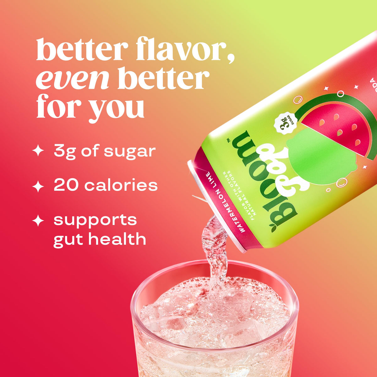 Bloom Pop Prebiotic Soda Watermelon Lime – 12 Pack, 12oz Cans | Low Calorie, Caffeine-Free