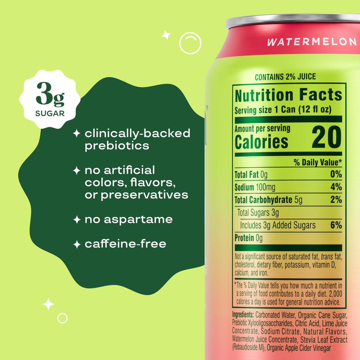 Bloom Pop Prebiotic Soda Watermelon Lime – 12 Pack, 12oz Cans | Low Calorie, Caffeine-Free