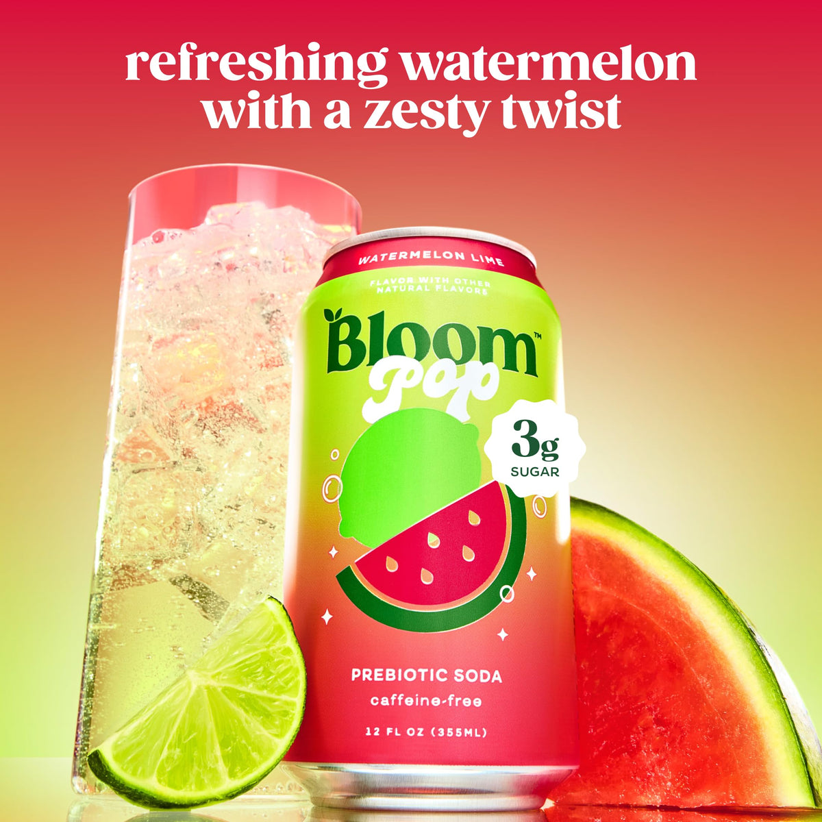 Bloom Pop Prebiotic Soda Watermelon Lime – 12 Pack, 12oz Cans | Low Calorie, Caffeine-Free