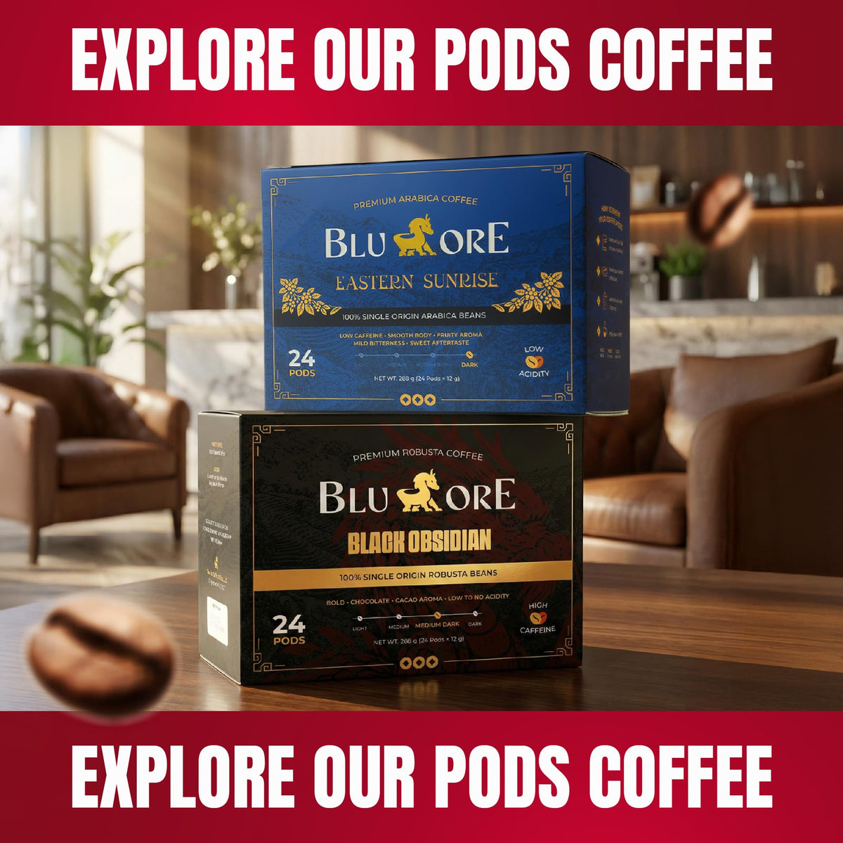 Blu Ore Black Obsidian K-Cup Coffee Pods | High-Caffeine Vietnamese Robusta, Bold Chocolate & Cacao Aroma, Medium-Dark Roast – 24 Count