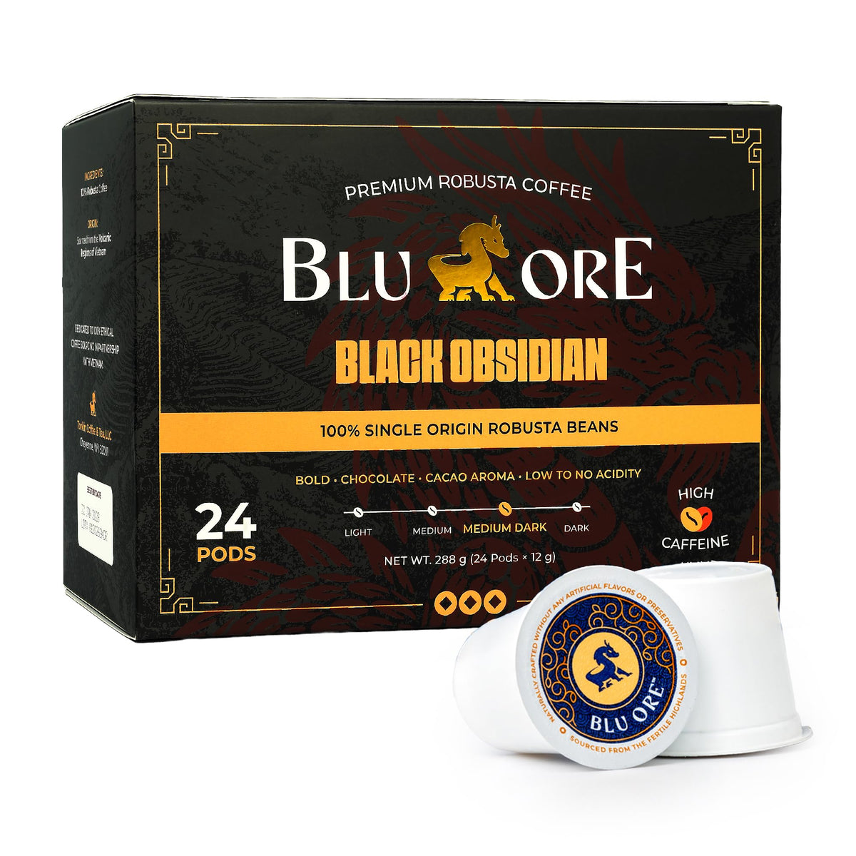 Blu Ore Black Obsidian K-Cup Coffee Pods | High-Caffeine Vietnamese Robusta, Bold Chocolate & Cacao Aroma, Medium-Dark Roast – 24 Count