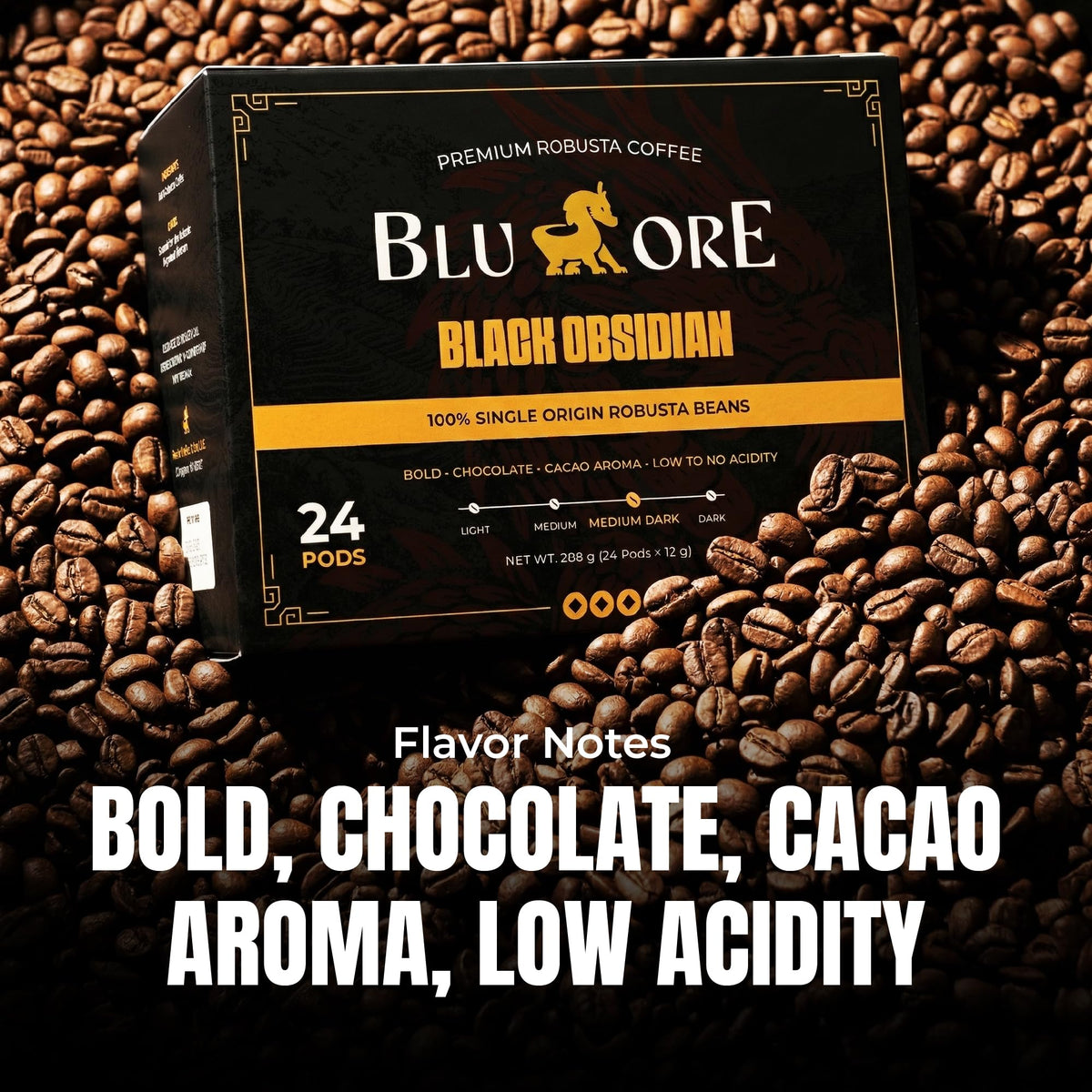 Blu Ore Black Obsidian K-Cup Coffee Pods | High-Caffeine Vietnamese Robusta, Bold Chocolate & Cacao Aroma, Medium-Dark Roast – 24 Count