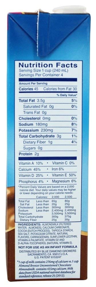 Blue Diamond Breeze Unsweetened Chocolate Almond Beverage – 32-oz (6-pack)