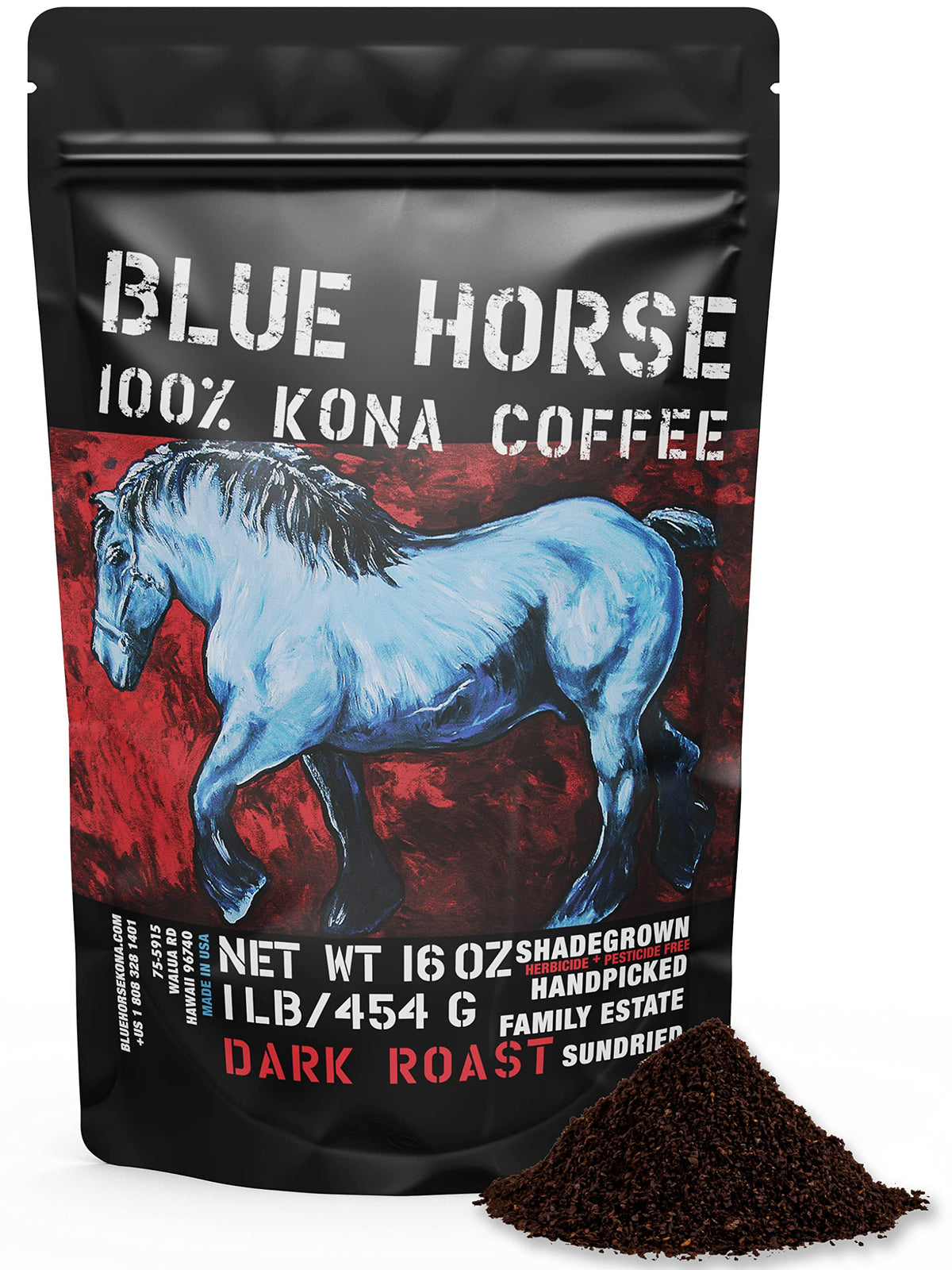 Blue Horse Kona Coffee – 100% Kona, Dark Roast Ground Arabica, 16 oz Bag | Farm Fresh Hawaiian Coffee