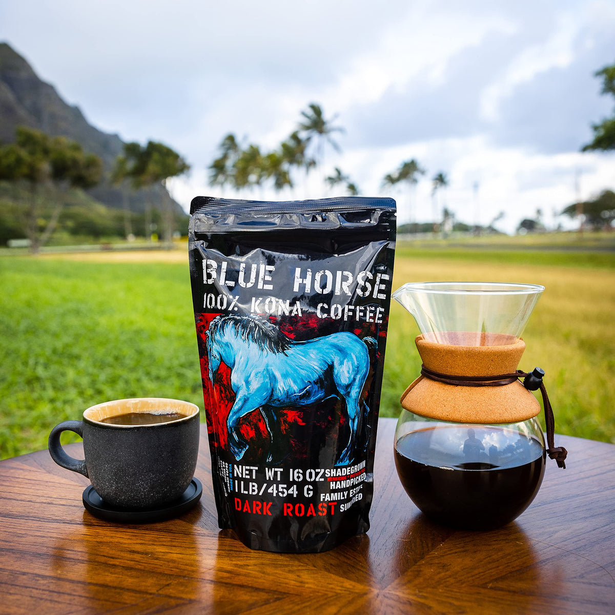 Blue Horse Kona Coffee – 100% Kona, Dark Roast Ground Arabica, 16 oz Bag | Farm Fresh Hawaiian Coffee