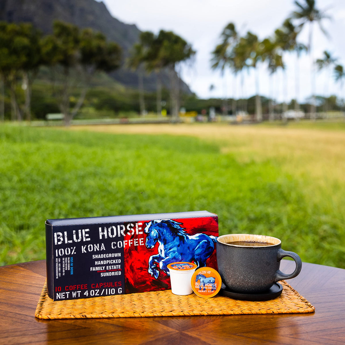 Blue Horse Kona Coffee Pods - 100% Kona, Medium Roast, 10ct, Keurig 2.0 Compatible, Farm-Fresh Arabica from Hawaii