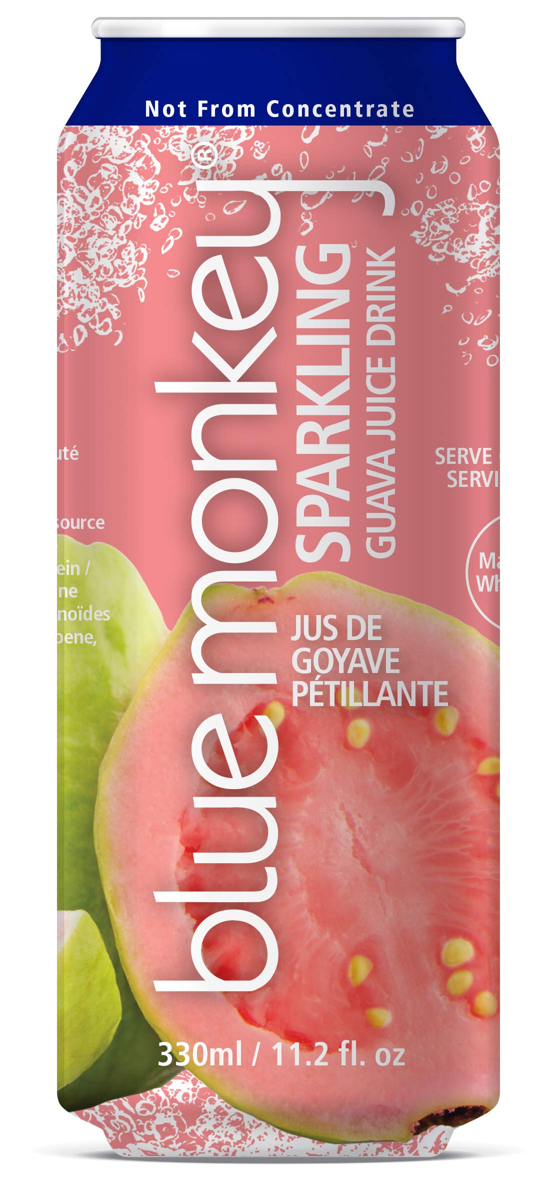 Blue Monkey Sparkling Guava Juice — Real Fruit, No Sugar Added, Halal, 11.2oz Can, 12 Pack