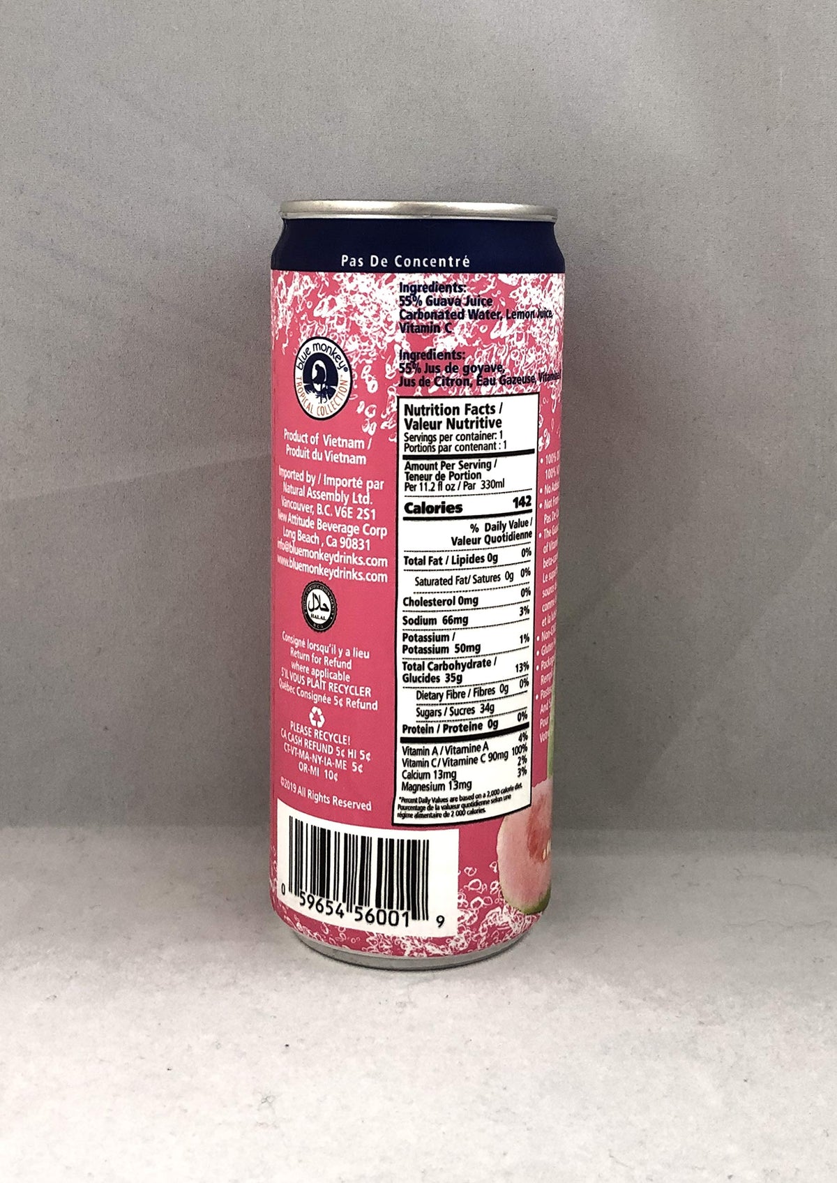 Blue Monkey Sparkling Guava Juice — Real Fruit, No Sugar Added, Halal, 11.2oz Can, 12 Pack