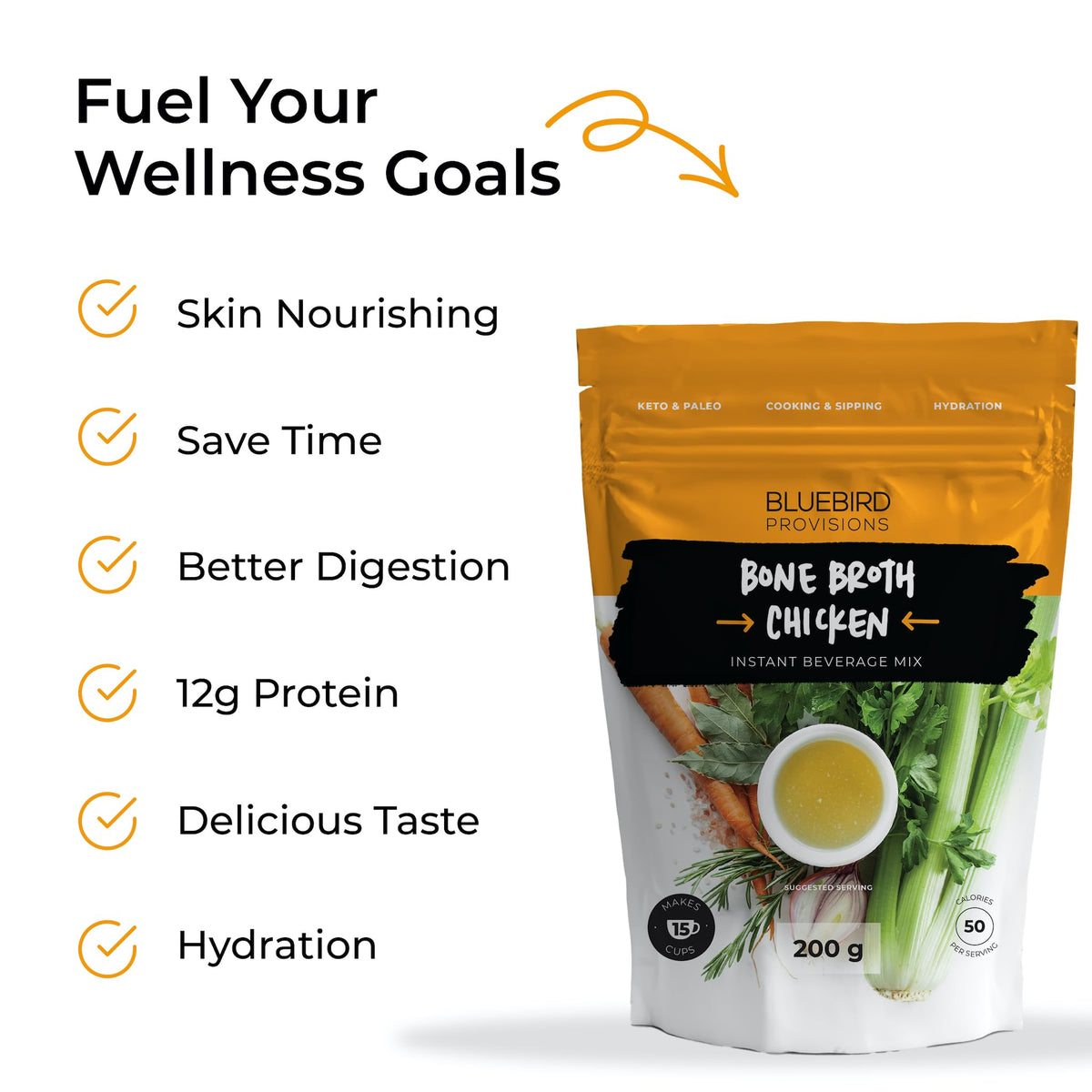 BLUEBIRD PROVISIONS Chicken Bone Broth Powder – Low Sodium, 12g Protein, 2 Ingredients