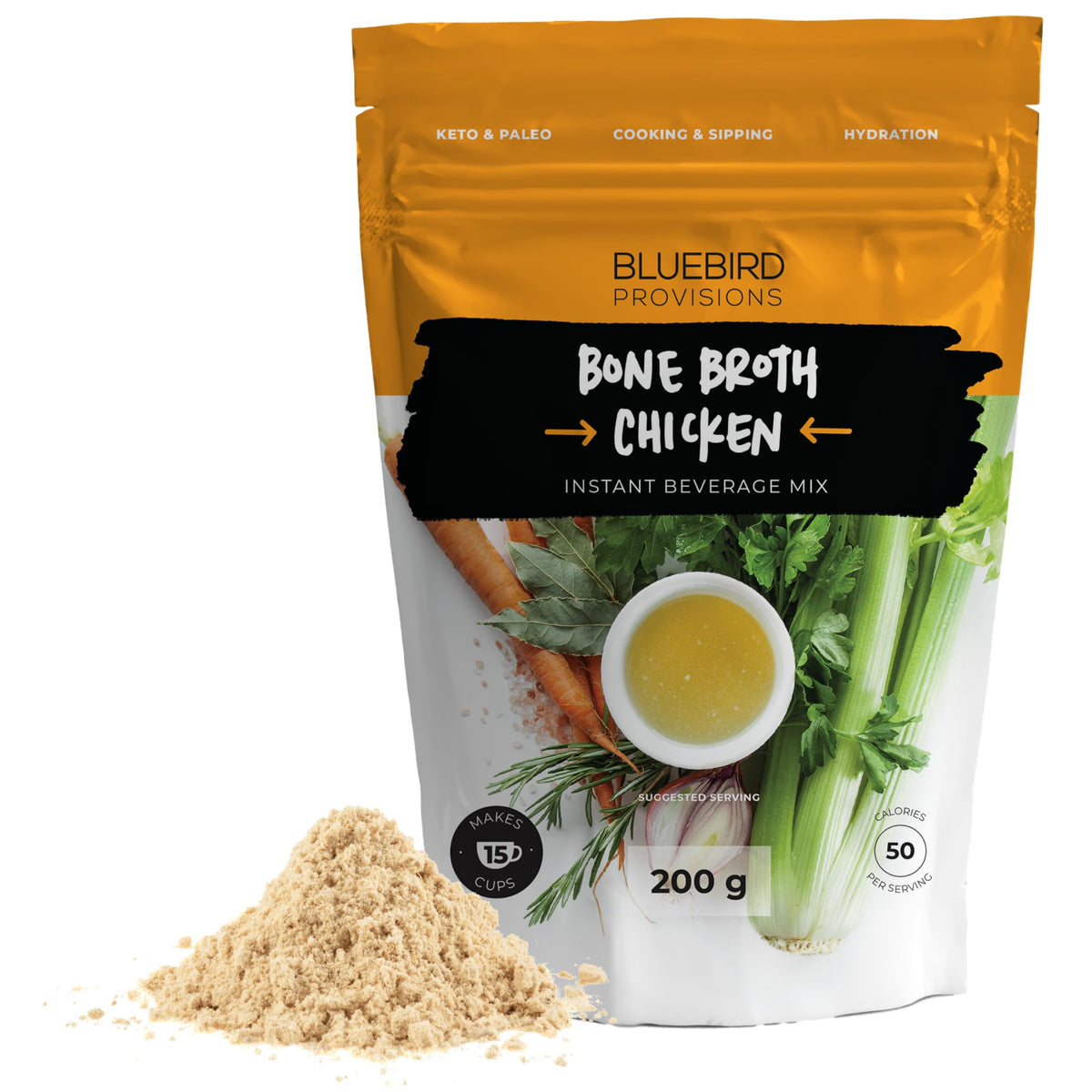 BLUEBIRD PROVISIONS Chicken Bone Broth Powder – Low Sodium, 12g Protein, 2 Ingredients