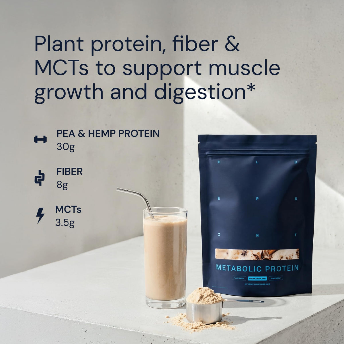 Blueprint Bryan Johnson Vegan Protein Meal Replacement – 30g Protein per Serving, Chai Flavor, 15 Servings